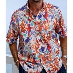 Yiume Hawaiian Aloha Shirt Mens Med Marine Life Seahorse Octopus Coral Cotton